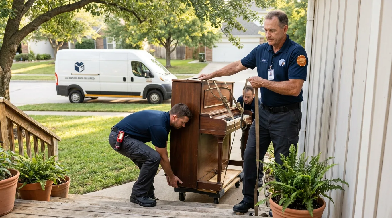 Licensed piano movers securing grand piano in Ayden, NC
