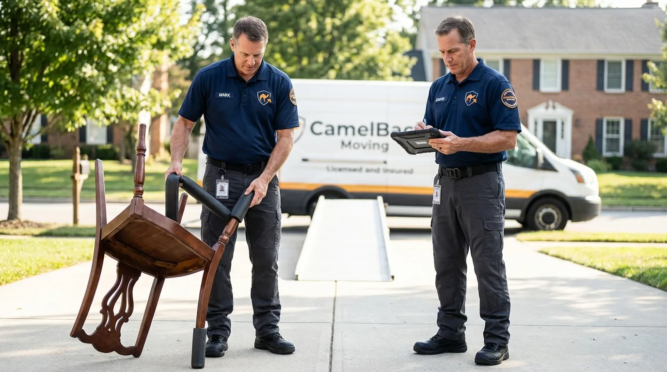 Movers inspecting furniture for damage prevention before loading in Ayden, NC